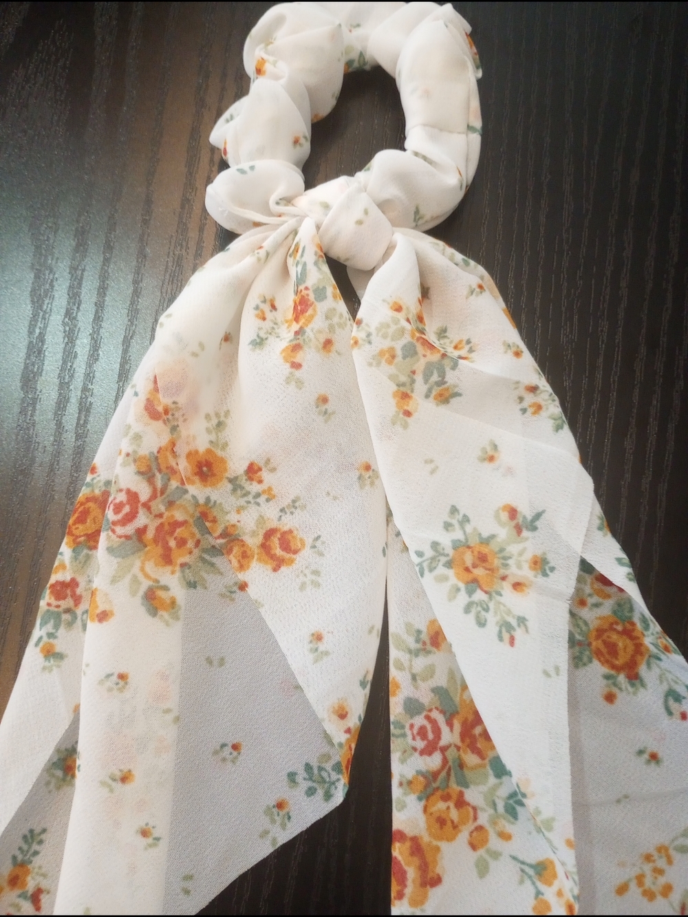 Floral Off-white Long Tail Scrunchie Orange Green Floral Design - Picture 2 of 2